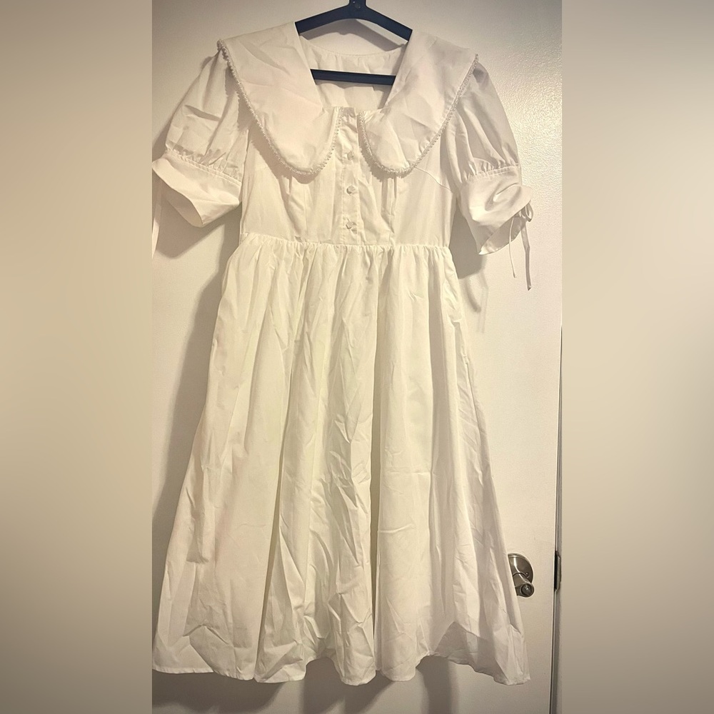 Ledin Solid Puff Sleeve Knot Detail Dress White Long Dress